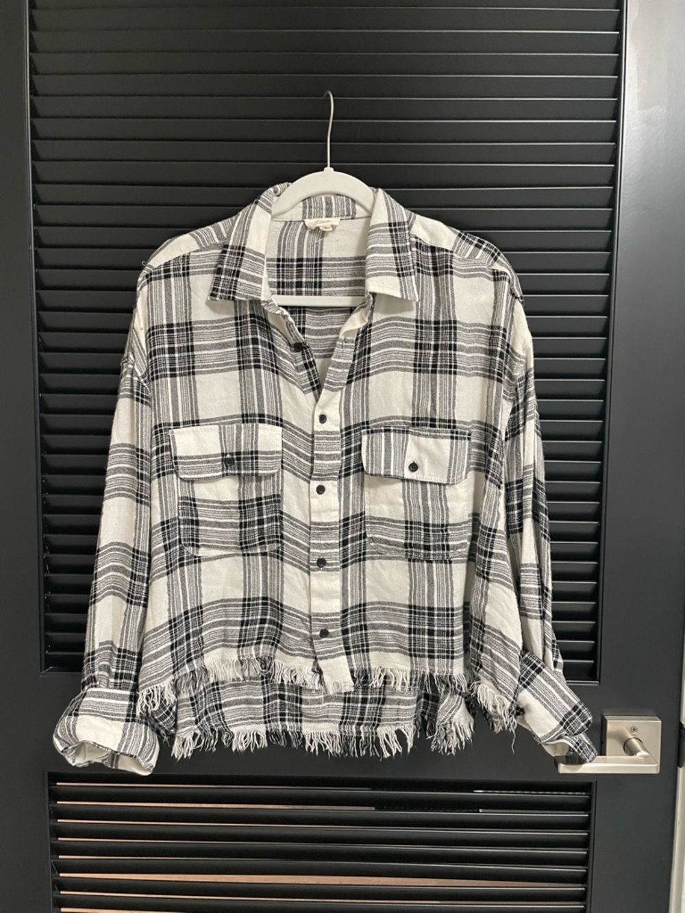 Elan Black & White Plaid Frayed-Hem Button Front Blouse